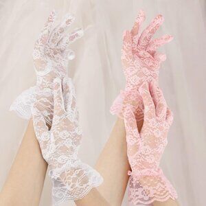 Women 2 Pairs: White+Pink Wedding Fashion Opera Halloween Cosplay Lace Gloves